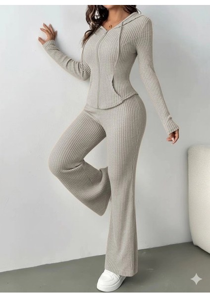 Mdb Kadın Uzun Kollu Kapşonlu Önden Fermuarlı Kaşkorse Bluz ve Pantolon Ikili Takım
