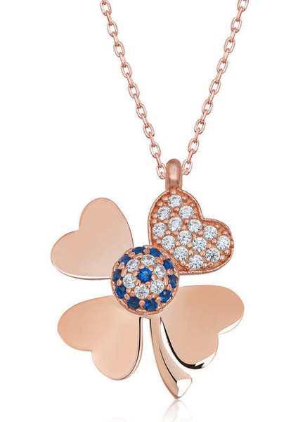 Gümüş Rose Nazarlı Dört Yapraklı Yonca Kadın Kolye