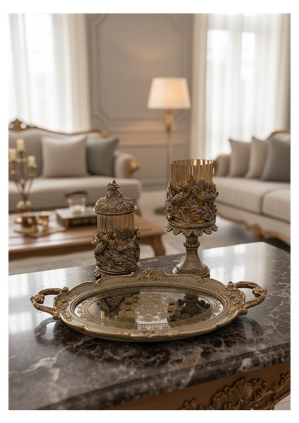 Şık Klasik Oval Aynalı Hediyelik Nişan Sunum Tepsisi