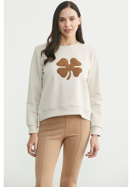 Kontrast Kabartma Baskılı Sweatshirt - Taş