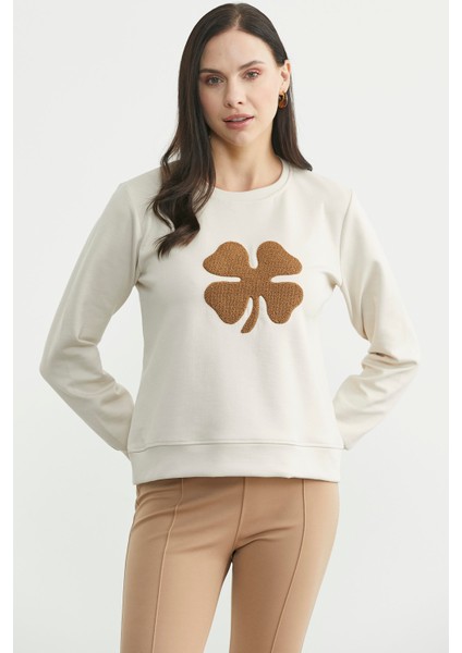 Kontrast Kabartma Baskılı Sweatshirt - Taş fiyatları