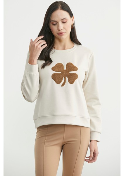 Kontrast Kabartma Baskılı Sweatshirt - Taş modelleri