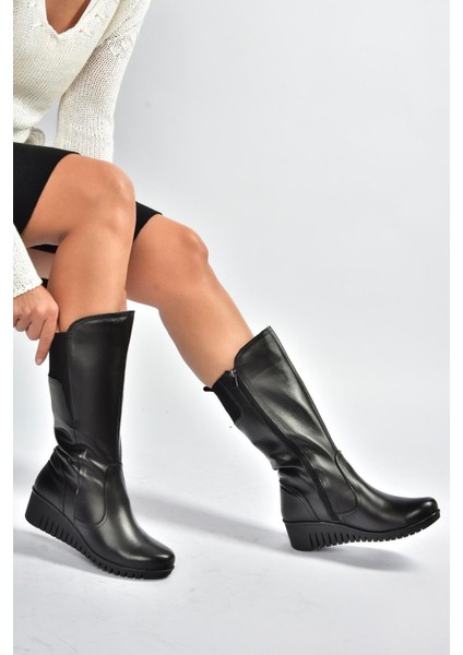 V324200803 Siyah Hakiki Deri Klasik Kadın Çizme modelleri