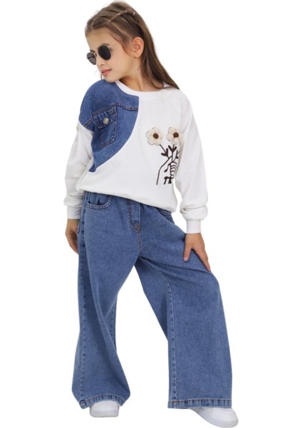 Kız Çocuk Denim Detaylı Çiçek Aksesuarlı Sweatshirt ve Geniş Paça Kot Pantolon Takım