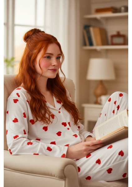 Süet Gömlek Pijama Takımı 7101 Kalpli Kırmızı