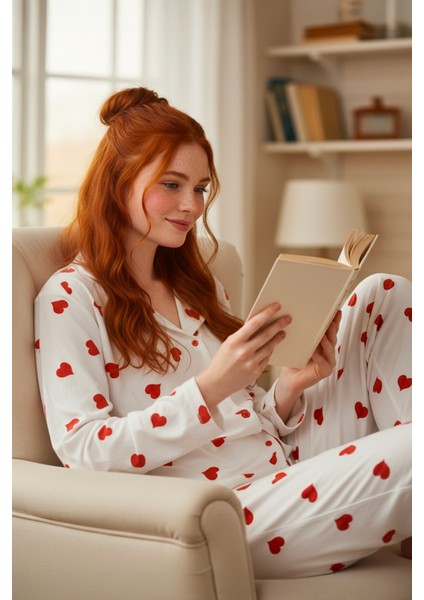 Süet Gömlek Pijama Takımı 7101 Kalpli Kırmızı fiyatları