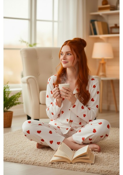 Süet Gömlek Pijama Takımı 7101 Kalpli Kırmızı modelleri