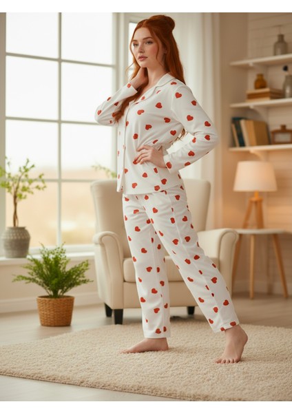 Süet Gömlek Pijama Takımı 7101 Kalpli Kırmızı fırsatları