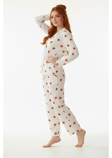 Süet Gömlek Pijama Takımı 7101 Kalpli Kırmızı indirimleri