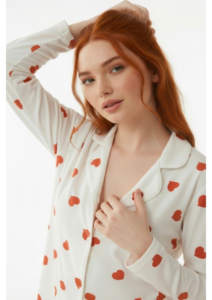 Süet Gömlek Pijama Takımı 7101 Kalpli Kırmızı