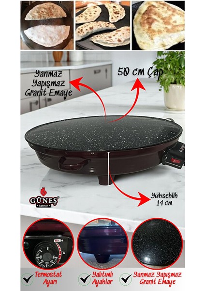 2000W Elektrikli Lüks Termostatlı 50 cm Ekmek,gözleme,börek ve Katmer Sacı L Granit Emaye