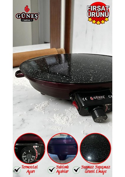 2000W Elektrikli Lüks Termostatlı 50 cm Ekmek,gözleme,börek ve Katmer Sacı L Granit Emaye fiyatları