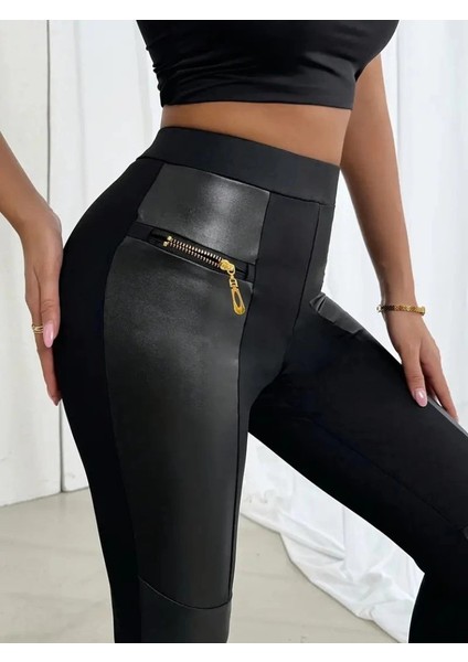 Mdb Kadın Yüksek Bel Yan Şerit Deri Detay Fermuarlı Dalgıç Tayt modelleri