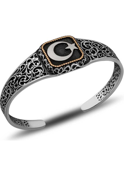 Gümüş Ay Yıldız Ayarlanabilir Kelepçe Erkek Bileklik