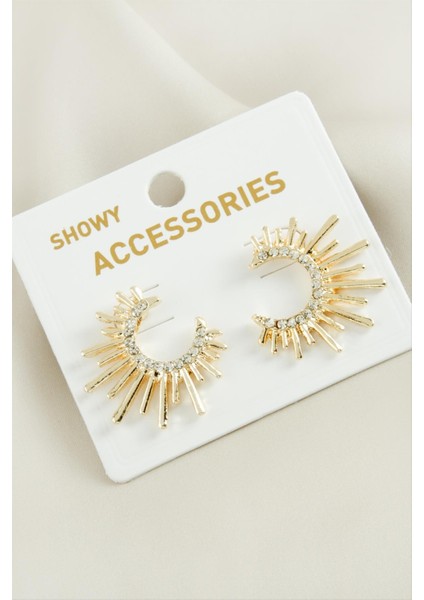 Nrzsnt Güneş Trend Taşlı Metal Küpe-Gümüş Rengi