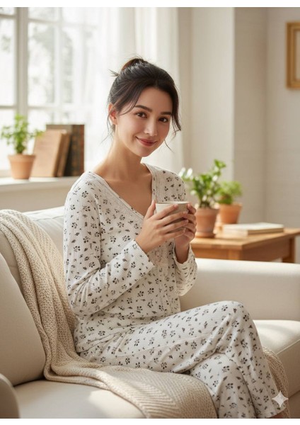 Leopar ve Çiçek Desenli Pamuklu Penye Kumaş Pijama Takımı