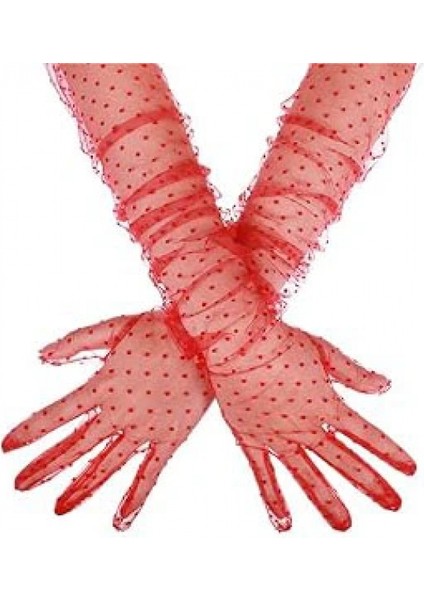 Uzun Boy Kırmızı Puantiyeli Kırmızı Renk Yetişkin Tül Eldiven 55 cm (5324)