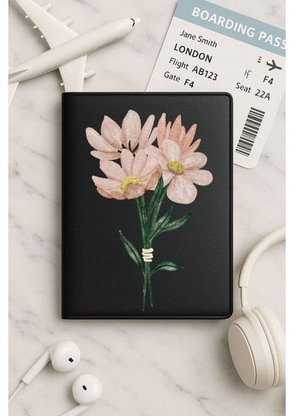 Tüm Ülke Pasaportları Için Siyah Vinleks Deri Pasaport Kılıfı Kabı Kır Çiçeği