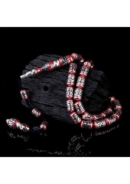 925 Ayar Gümüş Kapsül Kesim Kırmızı Siyah Mineli Tesbih