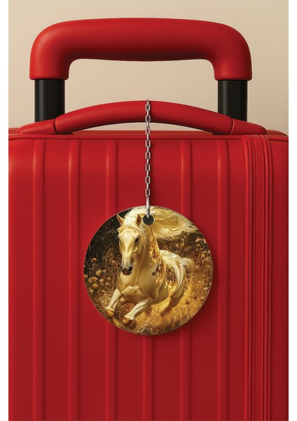 Desenli Baskılı Pleksi Zincir Aparatlı Bavul Etiketi Valiz Etiketi Golden Horse