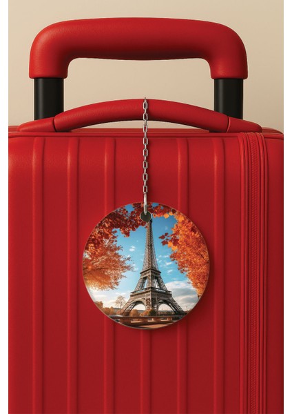 Desenli Baskılı Pleksi Zincir Aparatlı Bavul Etiketi Valiz Etiketi Baharda Eyfel