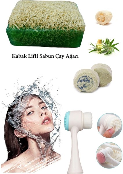 3'lü Cilt Yenileme Çift Taraflı Yüz Temizleme Fırçası Arındırıcı Peeling Kabak Lifli Çay Ağacı Sabun
