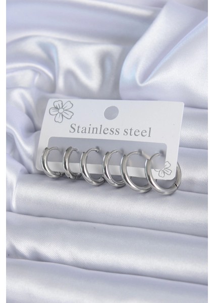 Bfs 316L Çelik Gümüş Renk Halka Kadın Küpe Seti
