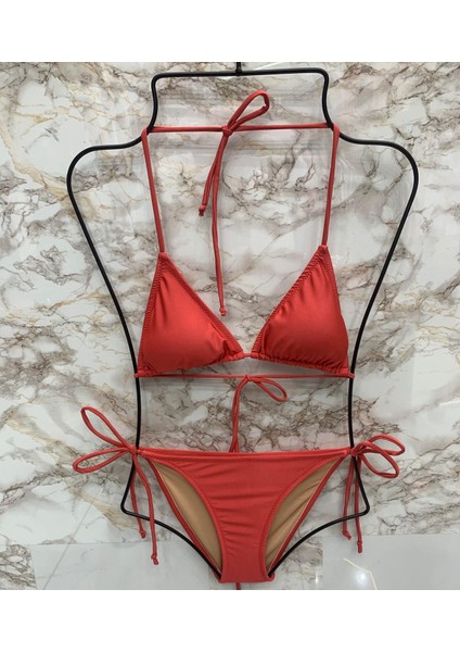 Kadın Likralı Esnek Yandan ve Boyundan Bağlamalı Şık Ipli Üçgen Bikini Takım