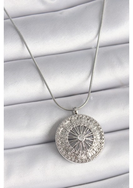 Bfs 316L Çelik Gümüş Renk Zirkon Taşlı 12 Burç Madalyon Model Kadın Kolye