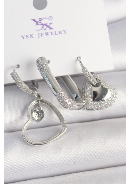 Bfs Pirinç Gümüş Renk Sallantı Zirkon Taşlı Kalp Model 3'lü Kadın Kombin Küpe