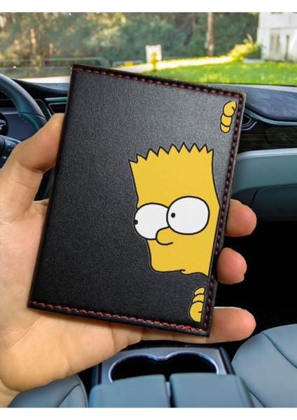 Desenli Ruhsat Kabı Logolu Oto Kılıfı Deri Dikişli Araç Ruhsat Koruyucu Bart Simpson
