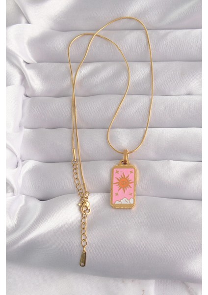 Bfs 316L Çelik Gold Renk Pembe Mineli Güneş Model Tarot Kolye fiyatları