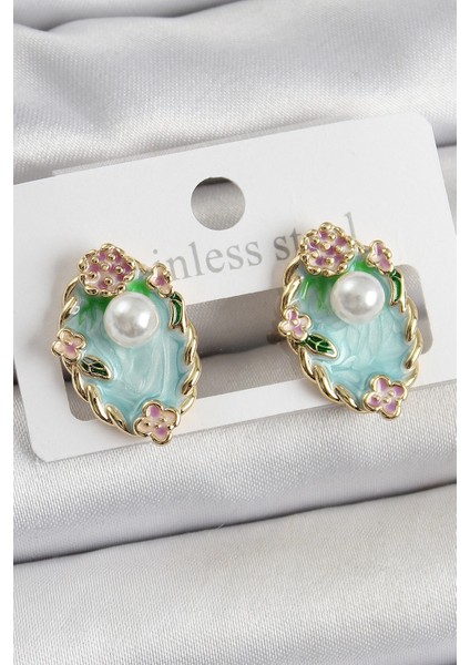 Bfs Pirinç Yeşil Mineli Inci Detaylı Sanatsal Portre Model Gold Renk Kadın Küpe