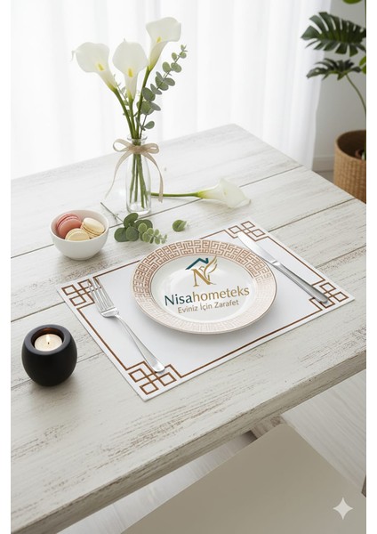 6 Adet Dikdörtgen Nakışlı Keten Amerikan Servis - Keten Supla