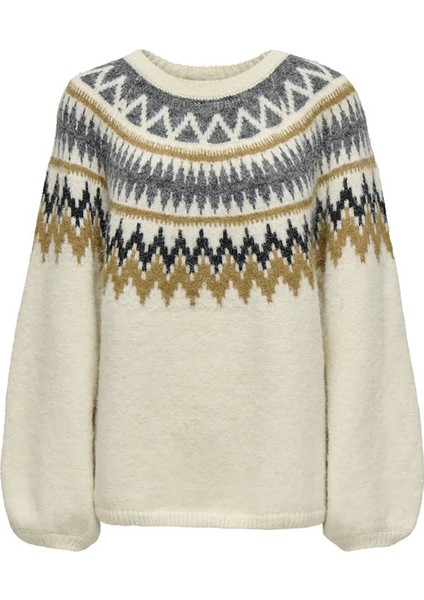 Kadın Onlreykja Desenli Sıfır Yaka Yünlü Kazak 15353221 Ekru