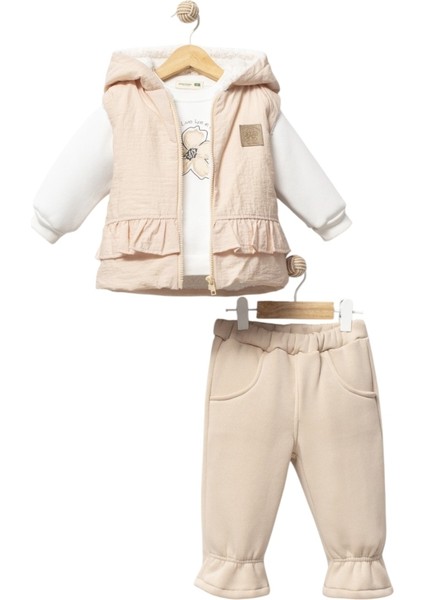 Çiçek Baskılı Yelekli Üç Ip Kız Takım