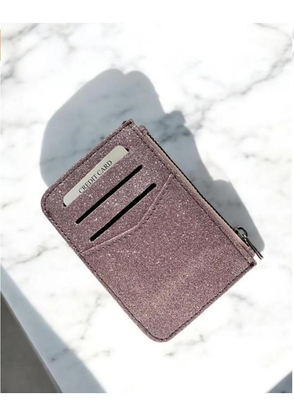 Parlak Simli Fermuar Kapamalı Cüzdan Bölümlü Şıkırtılı Kadın Kartlık