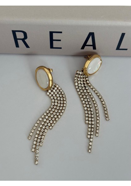 Beyaz Sedef Oval Taş Su Yolu Model Sallantılı Gold Çelik Küpe fırsatları