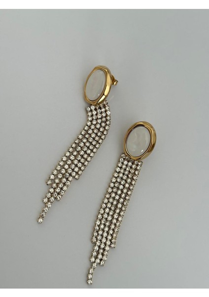 Beyaz Sedef Oval Taş Su Yolu Model Sallantılı Gold Çelik Küpe