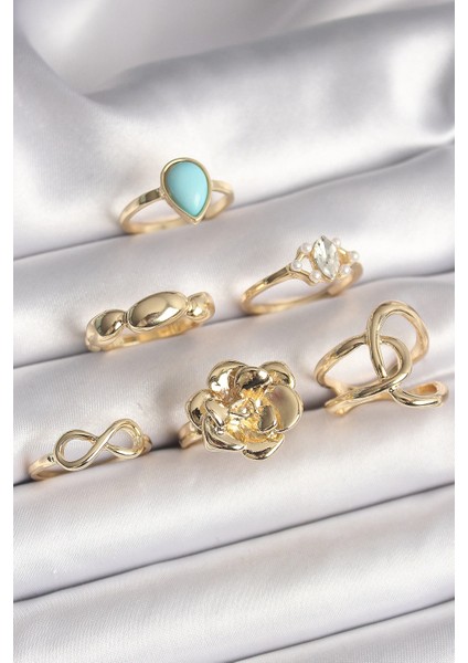 Bfs Pirinç Gold Renk Çiçek Model Model Sonsuzluk Zirkon Taş Detaylı 6'lı Kadın Yüzük Seti