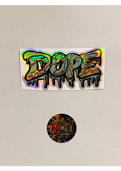 Dope Mavi Sarı Hologramlı - Araba Motosiklet Kask Laptop Cam Etiket Baskı 10,5x5,5cm