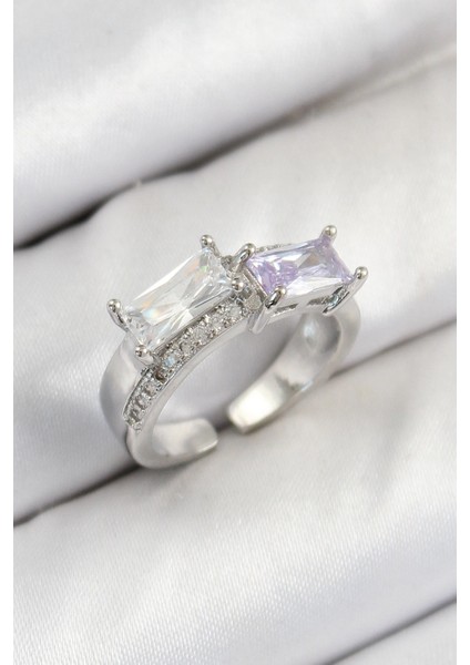 Bfs Pirinç Zirkon Taşlı Dikdörtgen Model Gümüş Renk Kadın Yüzük