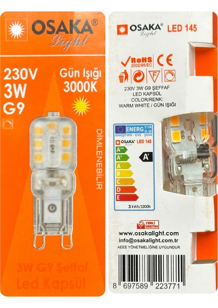 (5 adet) OSAKA 3W Sarı Işık (3000K) Dim Edilebilir G9 Duylu LED Kapsül Ampul modelleri