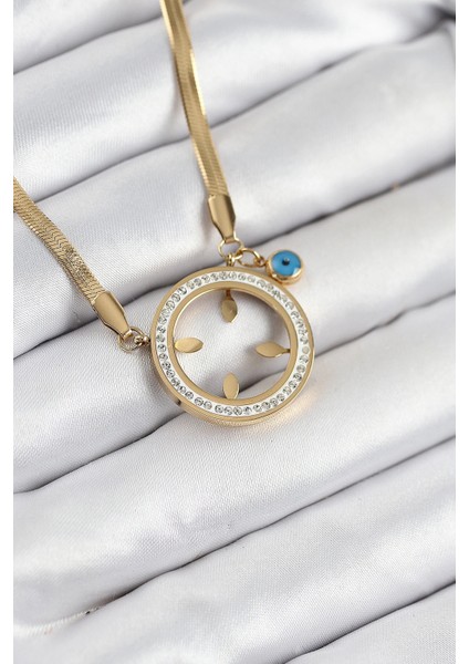 Bfs 316L Çelik Zirkon Taşlı Çeyrek Takılabilir Gold Renk Kadın Kolye