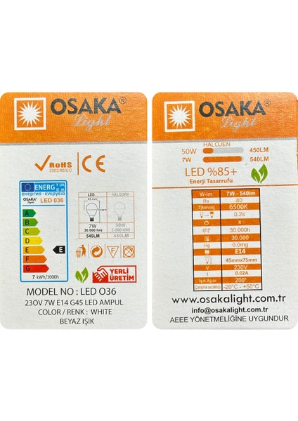 (2 adet) Osaka 7W (50W) Beyaz IŞIK E14 DUYLU (Ince Duy) LED Mini Ampul fırsatları