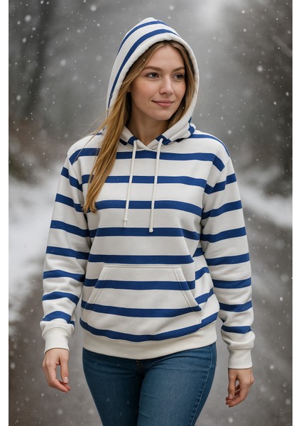 3 Iplik Şardonlu Kalın Kapuşonlu Kanguru Cepli Çizgili Kadın Sweatshirt