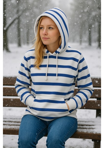 3 Iplik Şardonlu Kalın Kapuşonlu Kanguru Cepli Çizgili Kadın Sweatshirt fiyatları