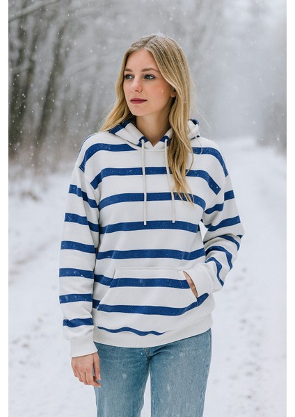 3 Iplik Şardonlu Kalın Kapuşonlu Kanguru Cepli Çizgili Kadın Sweatshirt modelleri