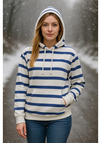 3 Iplik Şardonlu Kalın Kapuşonlu Kanguru Cepli Çizgili Kadın Sweatshirt fırsatları