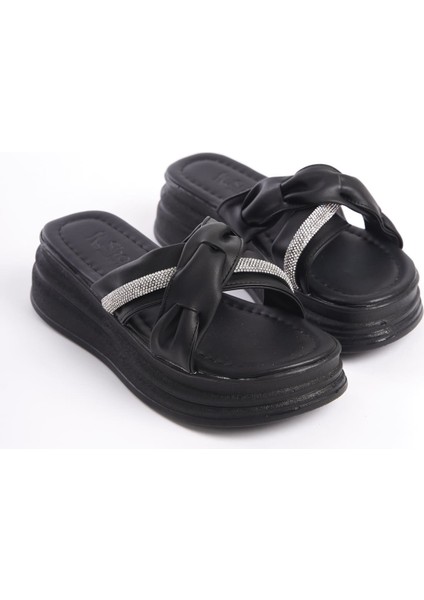 Clara Düz Topuklu Kurdele Desenli Taşlı Kalın ve Ortopedik Taban Kadın Terlik Cst - Siyah modelleri